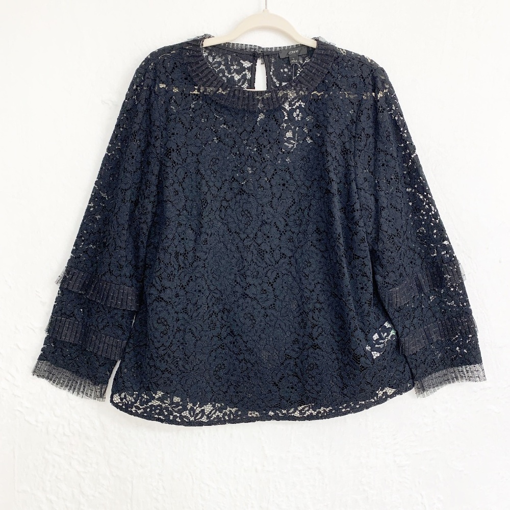 J. Crew Black Floral Lace Tulle Ruffle Blouse Sz L